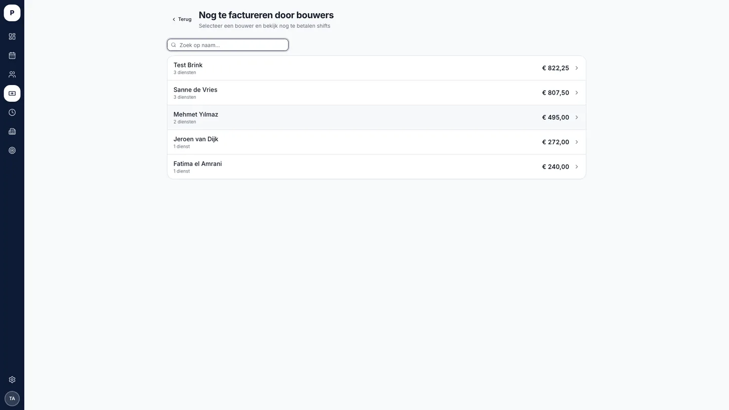 List of workers with shifts still to be invoiced and the amounts
