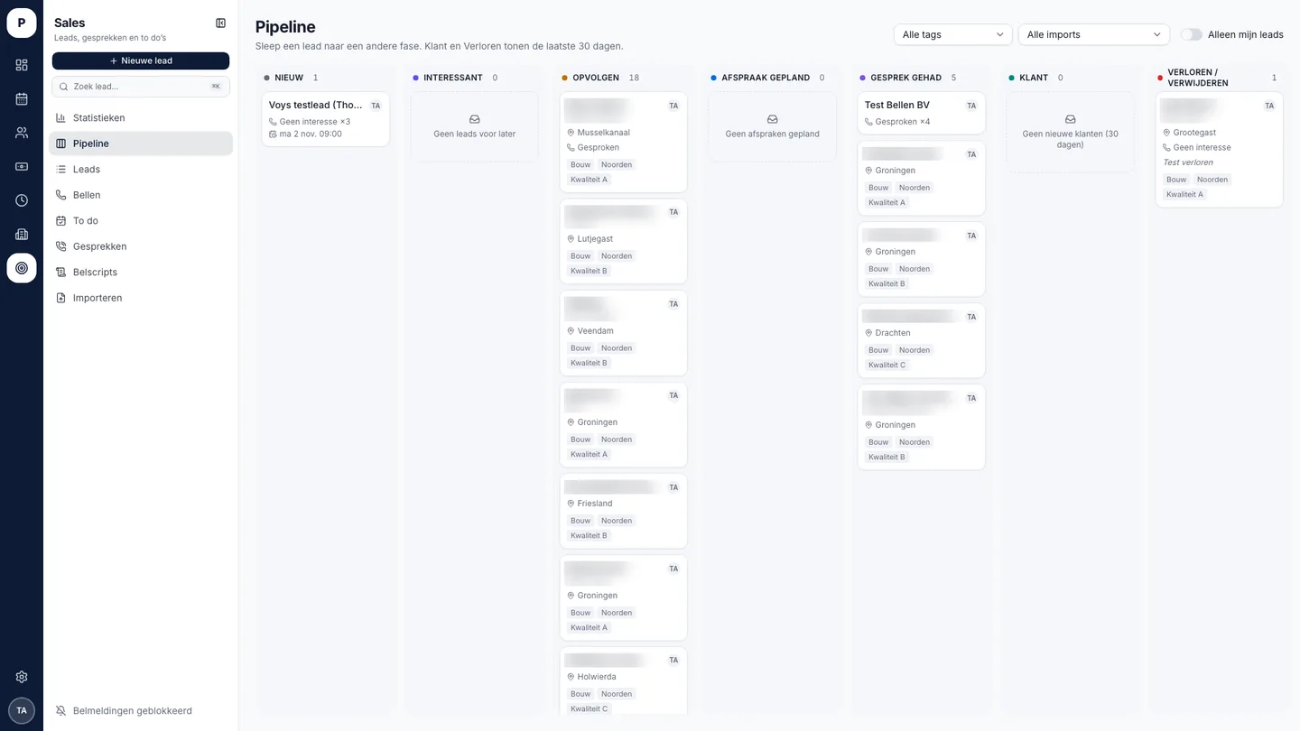 Sales pipeline board with leads in columns from new to customer, each tagged by region and lead quality
