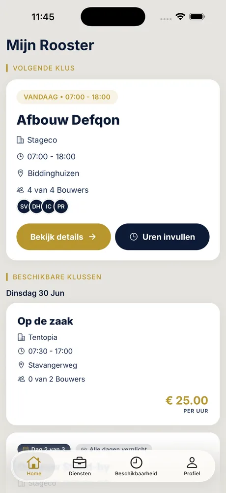Worker home screen showing the next job with times, location and crew, plus open jobs to sign up for