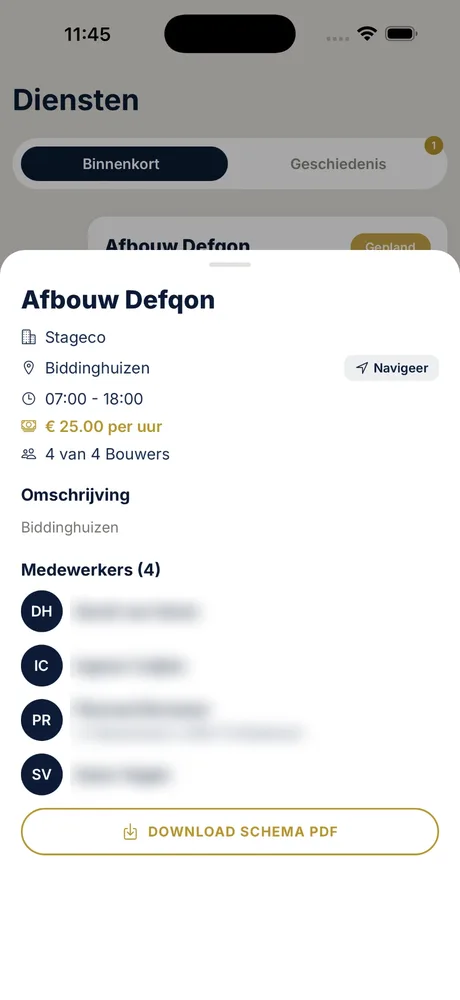 Shift detail sheet with client, location, hours, hourly rate, crew and a PDF download