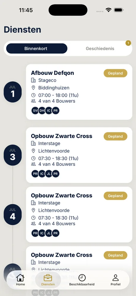 List of upcoming shifts on a timeline with client, location, hours and crew