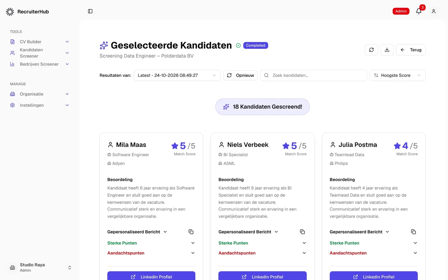 Screened candidates with match scores, assessment and personalised message