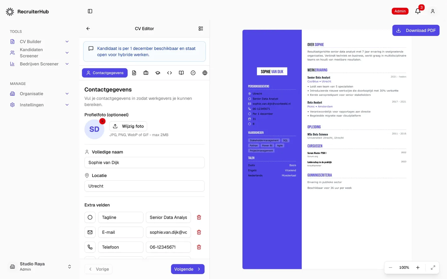 CV editor with form fields and a live branded CV preview